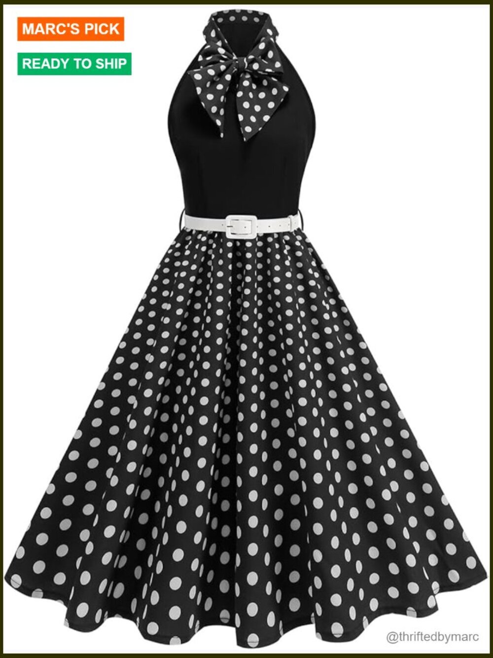 Sleeveless Tie Neck Polka Dot Swing Dress with Belt